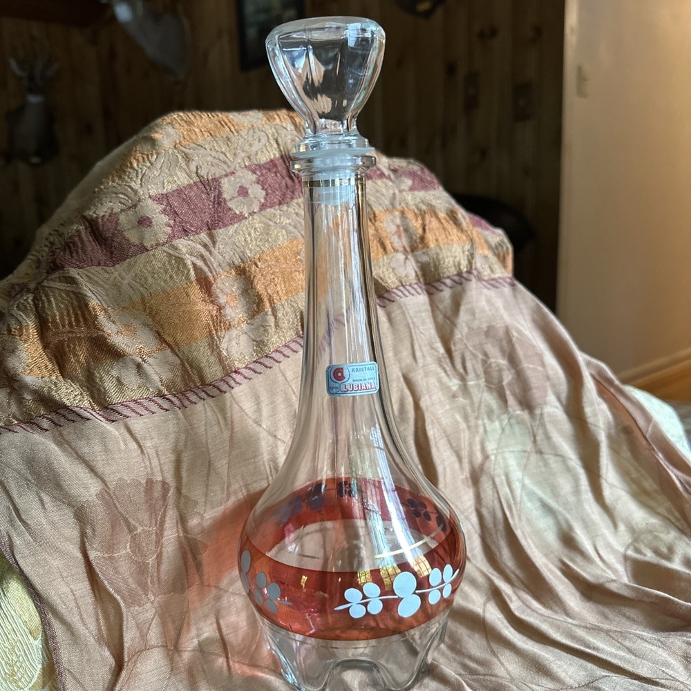 Italian Lubiana Decanter & Stopper Colored Cranberry Painted Glass Vintage